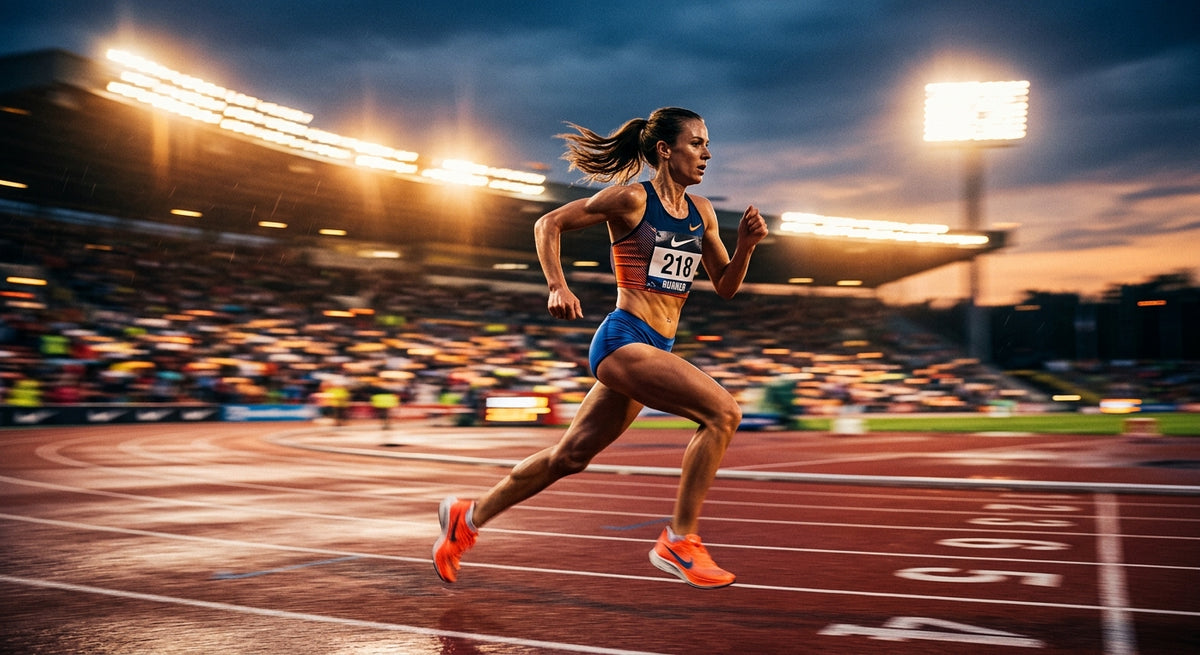 A professional marathon runner sprinting on a track at dusk with dramatic stadium lighting and motion blur
