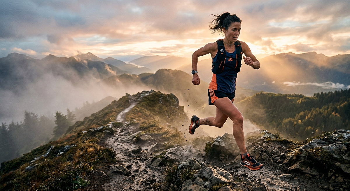 High-speed action shot of a trail runner wearing Adidas Agravic shoes on a misty mountain ridge at dawn.