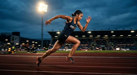 A professional runner sprinting on a track at dusk, captured with high-speed motion blur and cinematic stadium floodlighting illuminating the athlete.