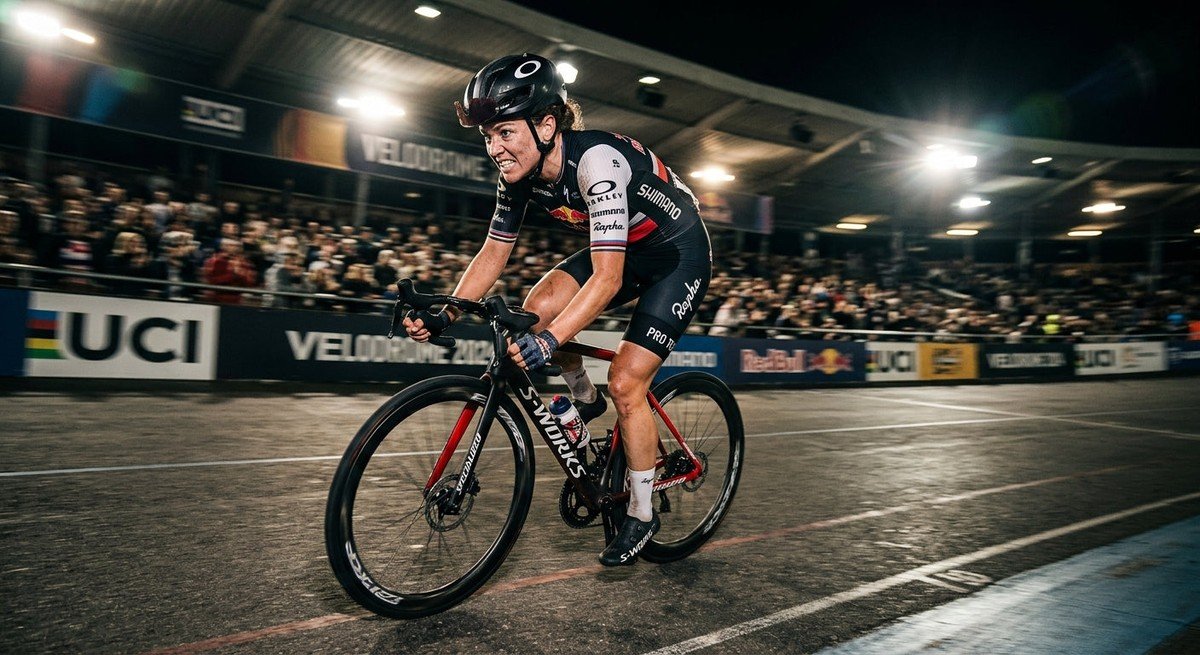 A professional cyclist sprinting with intense focus, captured in a high-speed action shot with cinematic stadium lighting.