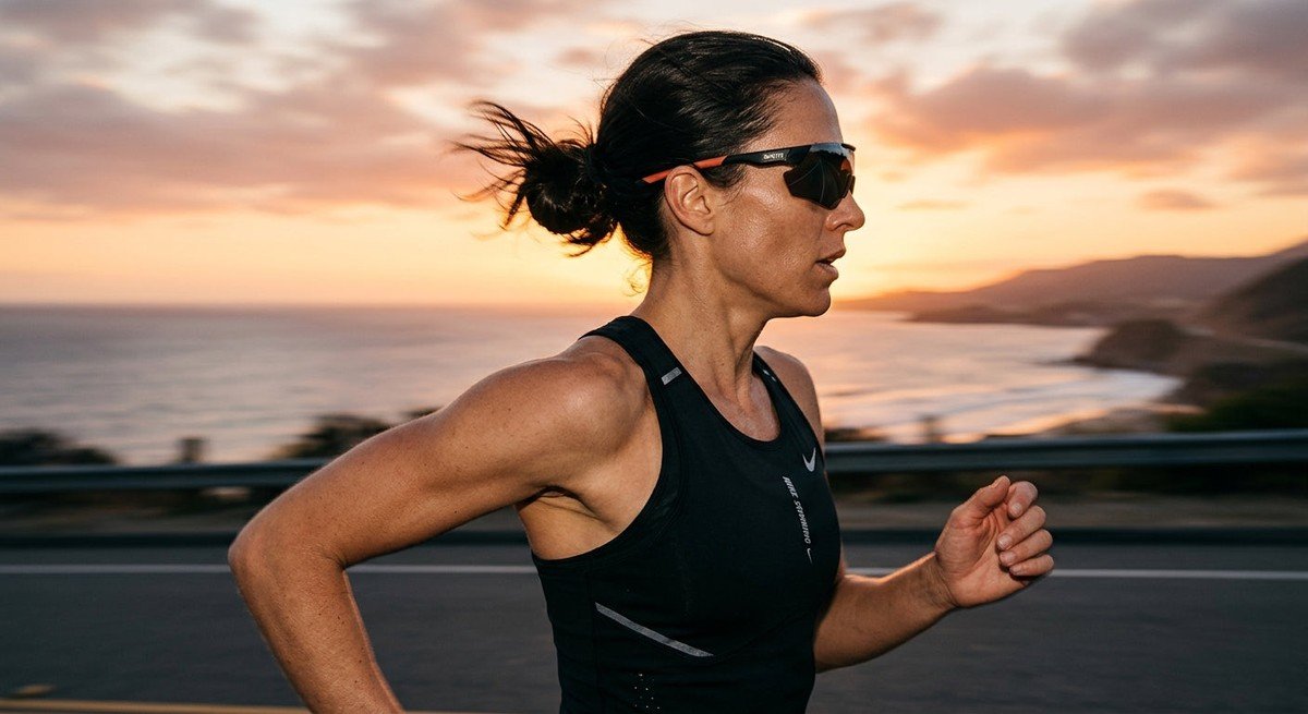A close-up of a runner’s profile wearing sleek, aerodynamic sports sunglasses at sunset with motion blur.