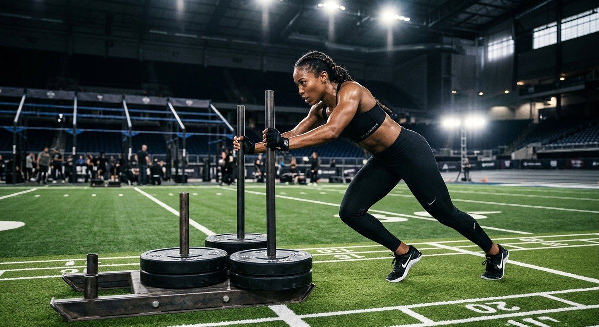 An athlete pushing a heavy sled on a professional indoor turf track with dramatic stadium lighting.