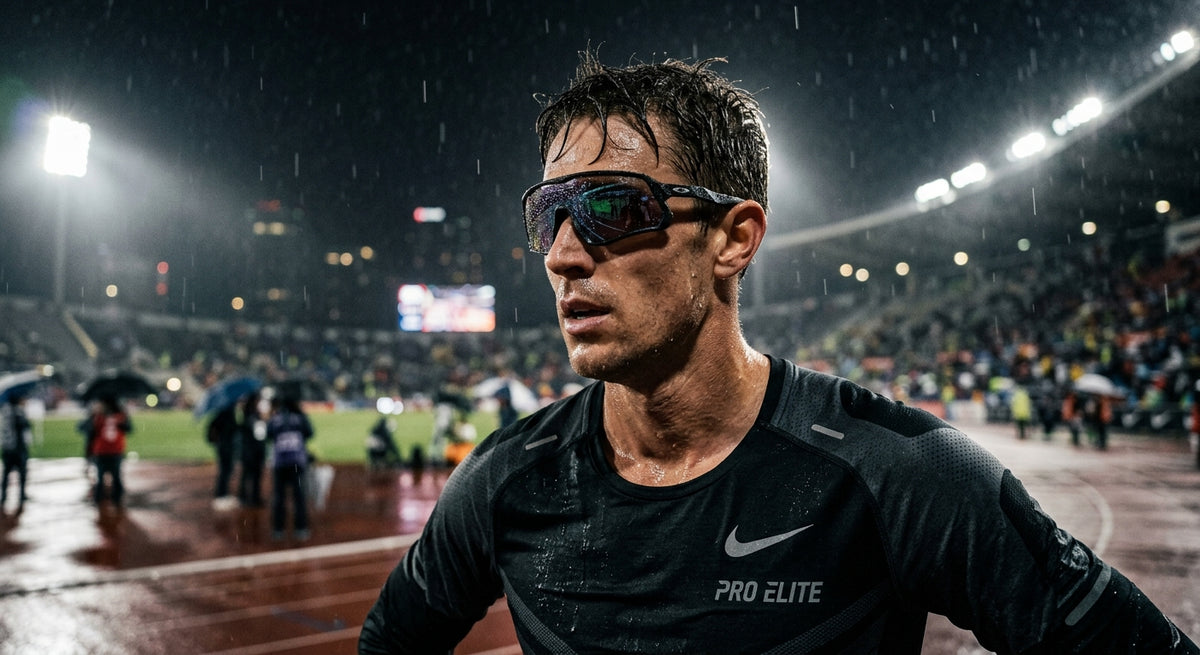 A close-up shot of an athlete wearing high-performance sunglasses in a rainy stadium environment with dramatic lighting.