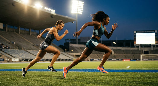Two elite athletes in a high-speed sprint across a synthetic turf track under dramatic stadium lighting.
