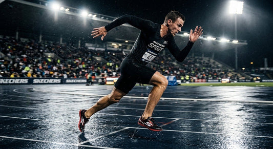 A professional action shot of a runner wearing the Skechers Aero Tempo sprinting on a dark, wet track under cinematic stadium spotlights with motion blur.