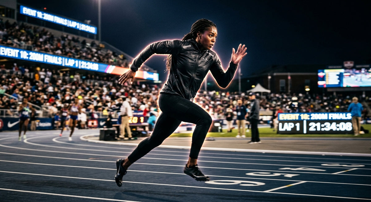 A professional athlete sprinting through a stadium at night wearing the sleek Oakley Neo Jacket with dramatic rim lighting and motion blur