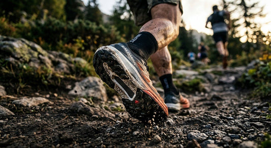 A close-up of a high-performance trail running shoe showing the textured carbon fibre plate and advanced midsole foam under dramatic studio lighting.