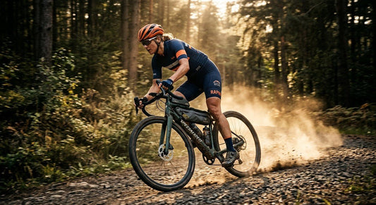 A gravel cyclist riding at high speed through a dusty forest trail with dramatic cinematic lighting