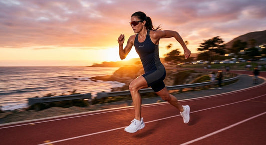 High-speed action shot of an athlete wearing sleek ROKA Falcon Fusion sunglasses during a sunset sprint, featuring intense motion blur and cinematic lighting.