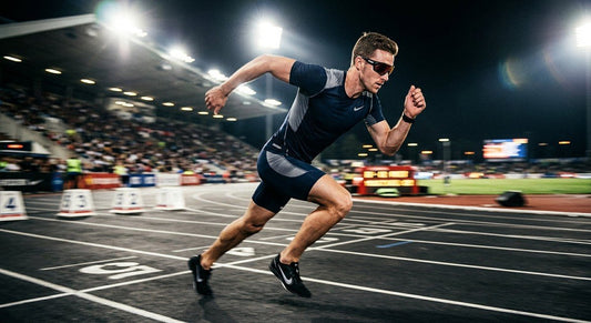 A professional athlete wearing sleek, high-performance Bollé Victus Pro sunglasses during a high-speed sprint under dramatic stadium lights with motion blur.