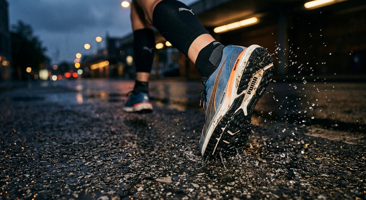 A close-up action shot of a runner's foot striking the pavement, capturing the texture of the Puma Velocity Nitro 5 outsole and water droplets flying off the surface in moody cinematic lighting.