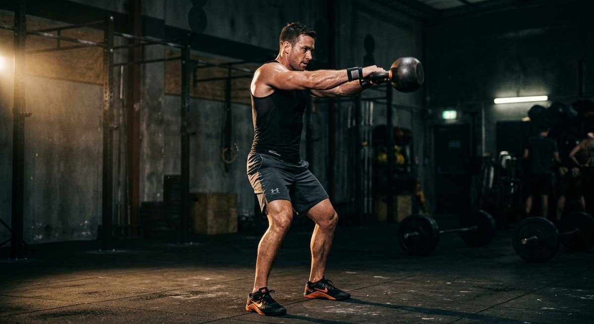 A professional athlete performing high-intensity kettlebell swings in a dark, moody gym with dramatic cinematic lighting.