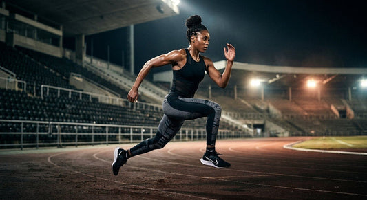 A professional athlete performing a high-intensity dynamic lunge in a moody, cinematic stadium environment.