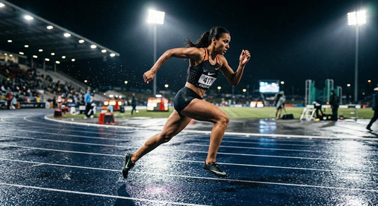 A professional runner sprinting on a dark, wet athletic track at night under dramatic stadium floodlights with motion blur.