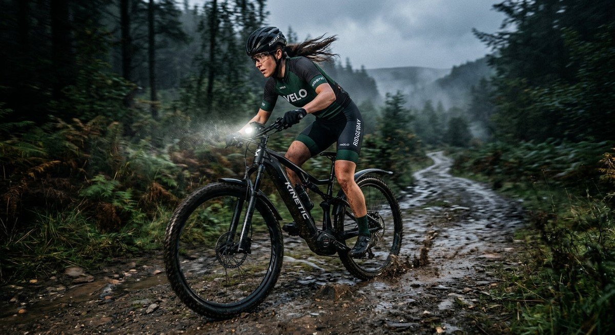 A sleek, high-performance e-bike accelerating through a damp, moody mountain trail with motion blur and cinematic lighting.