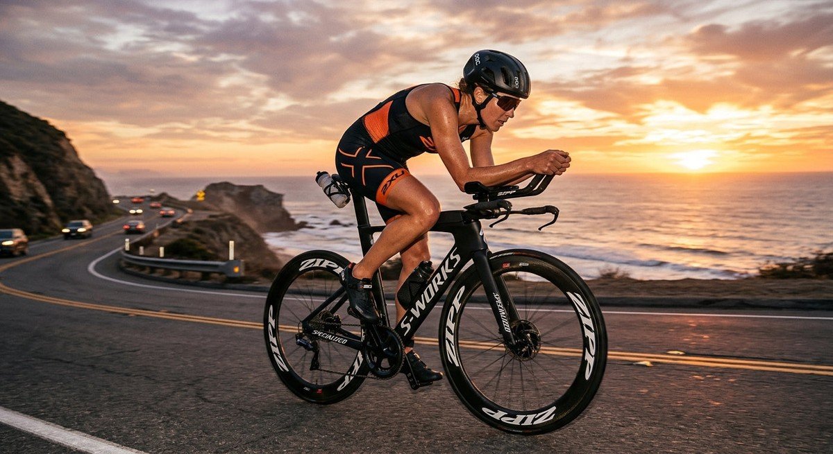 A professional triathlete in a sleek aerodynamic position on a high-end carbon fibre bike during a sunset training session.