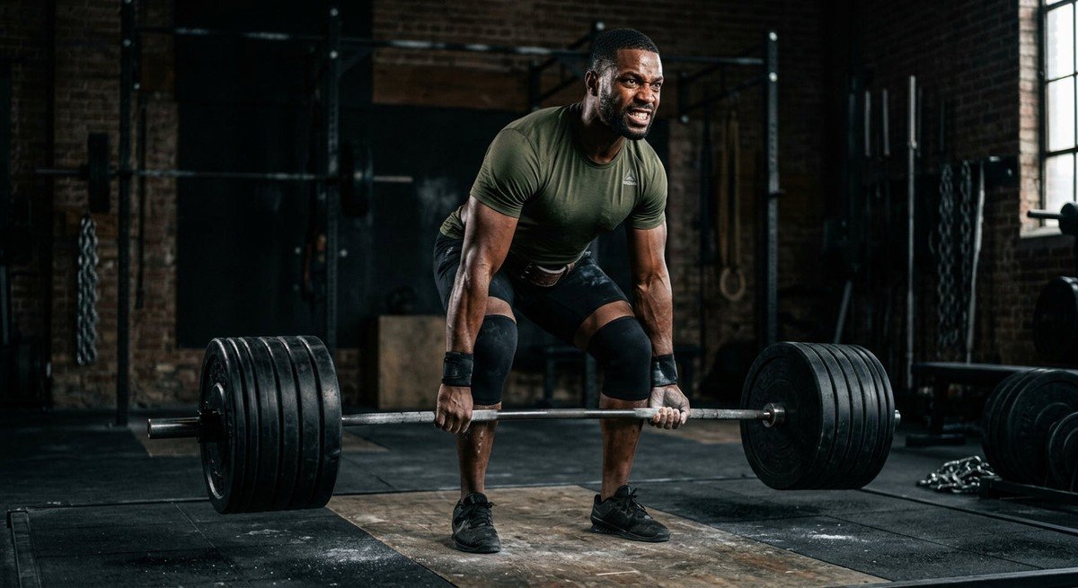 A professional athlete performing a heavy barbell deadlift with intense focus in a dark, moody gym setting.