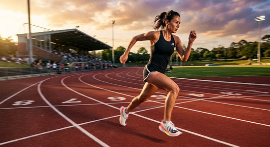 Professional athletic action shot of a runner wearing the New Balance FuelCell SC Elite v5 on a track with motion blur.