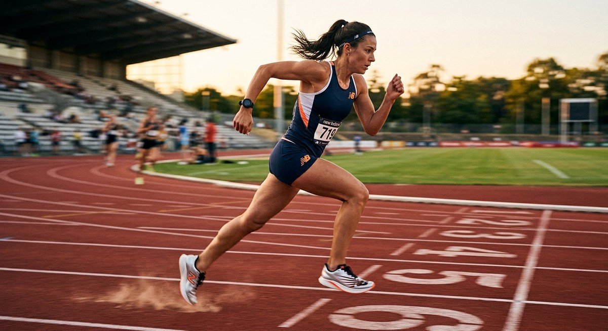 High-speed action shot of a triathlete sprinting on a track wearing metallic silver New Balance racing shoes with motion blur.