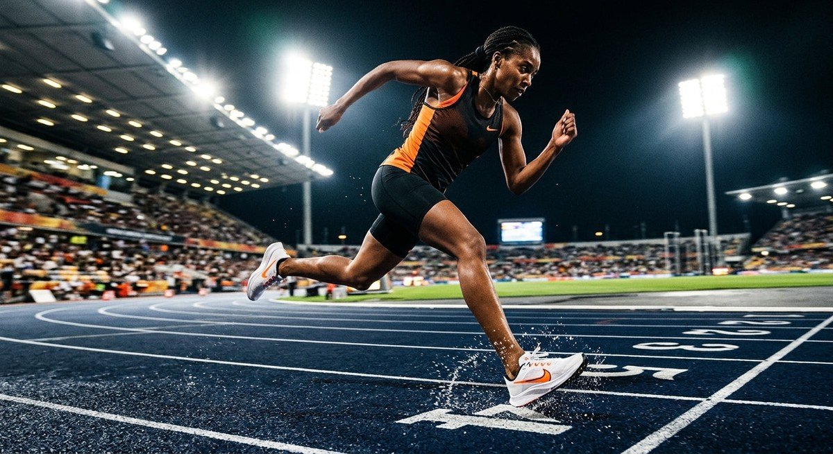 High-speed action photography of the Nike Rival Fly 5 on a synthetic track under dramatic stadium lights.