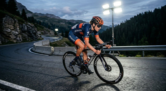 A professional road cyclist wearing 100% Hypercraft sunglasses during a high-speed descent on a mountain road with dramatic stadium lighting.