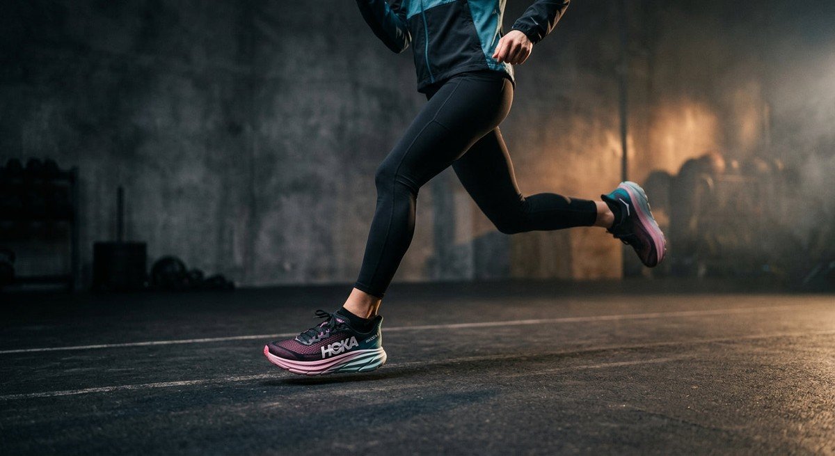 A side profile of the Hoka Rincon 5 showing the aggressive meta-rocker geometry and streamlined mesh upper in a studio setting.