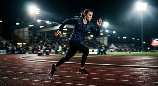 High-speed athletic action shot of a runner wearing Oakley Suture Jacket in dramatic stadium lighting with motion blur