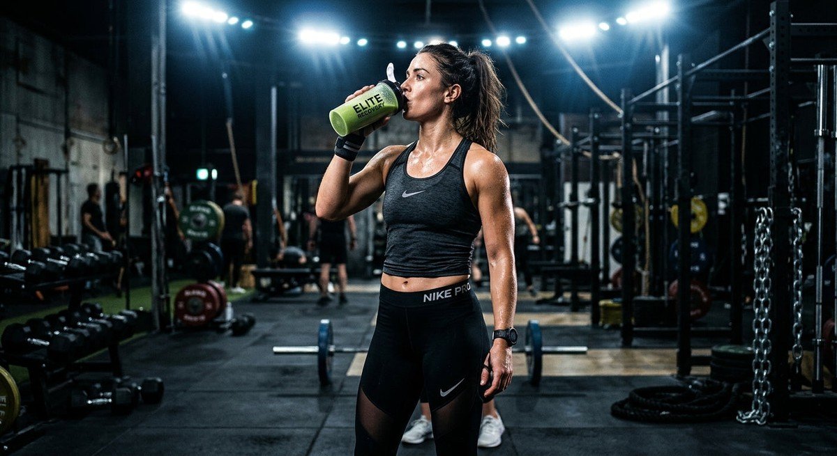 A professional athlete drinking a vibrant green recovery smoothie in a high-contrast gym setting with cinematic stadium lighting.