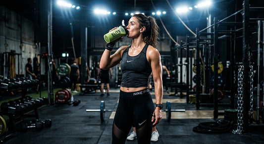 A professional athlete drinking a vibrant green recovery smoothie in a high-contrast gym setting with cinematic stadium lighting.