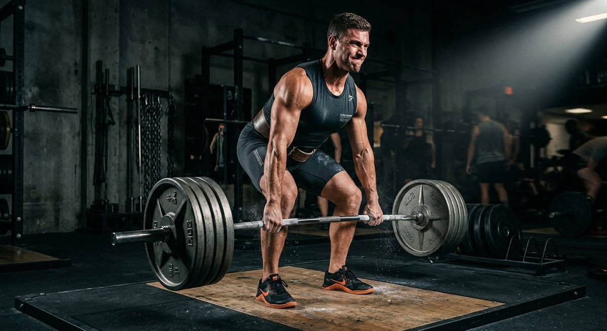 A muscular athlete in high-performance cross-training gear performing a heavy deadlift in a moody, cinematic gym with dramatic spotlighting and motion blur.