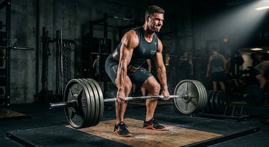 A muscular athlete in high-performance cross-training gear performing a heavy deadlift in a moody, cinematic gym with dramatic spotlighting and motion blur.