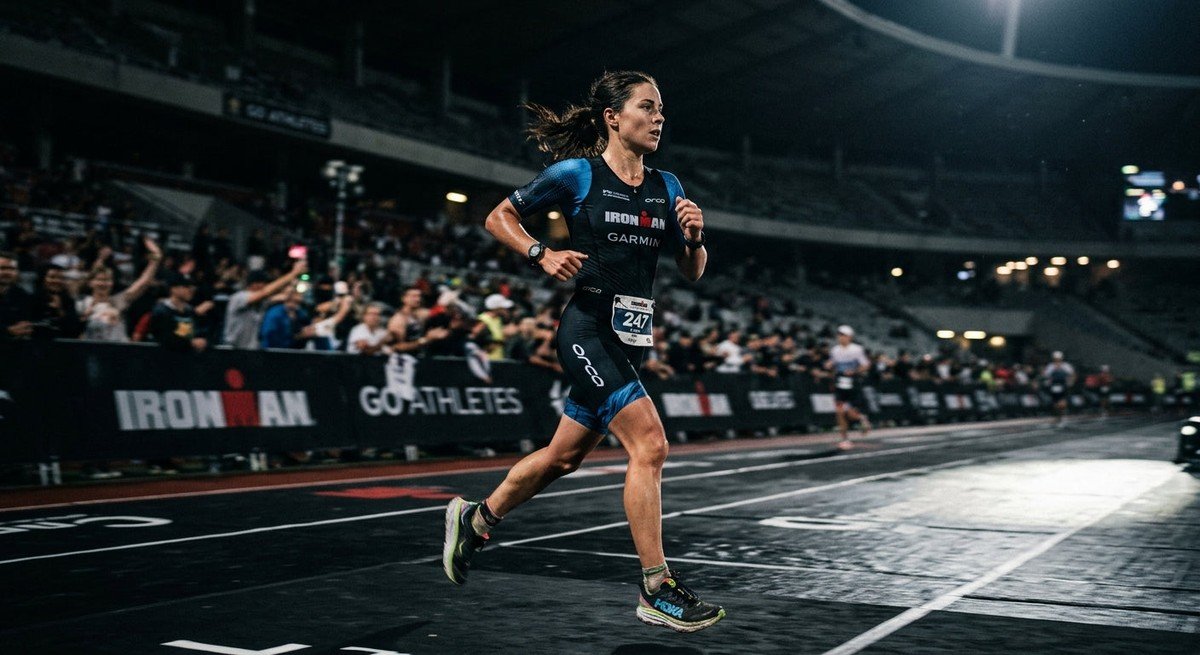 A triathlete running with intense focus through a dark, cinematic stadium with motion blur and dramatic lighting.