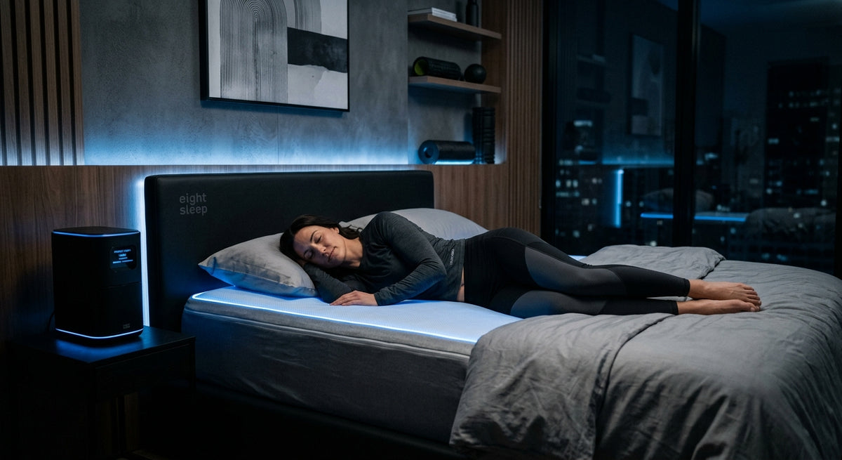 A sleek, high-tech bedroom featuring the Eight Sleep Pod with soft blue ambient lighting, showcasing a modern, minimalist aesthetic for recovery.