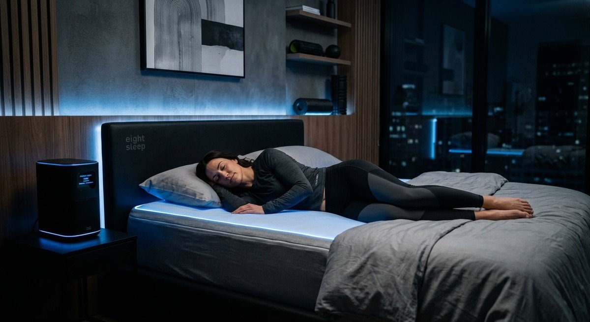 A sleek, high-tech bedroom featuring the Eight Sleep Pod with soft blue ambient lighting, showcasing a modern, minimalist aesthetic for recovery.