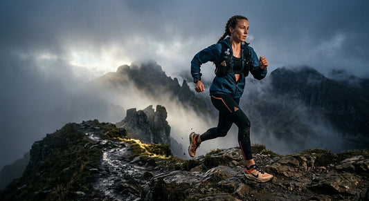 A professional action shot of a runner wearing the Nike ACG Zegama on a misty mountain ridge with sharp, cinematic lighting.