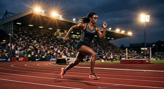 High-speed athletic action shot of a runner wearing Maui Jim Lighthouse sunglasses in a stadium setting with cinematic lighting.