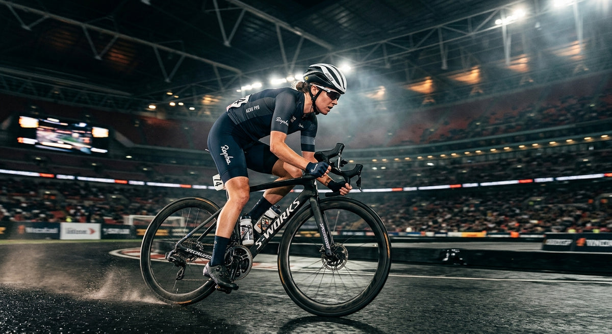 A professional cyclist in high-speed motion against a moody stadium background with cinematic lighting.