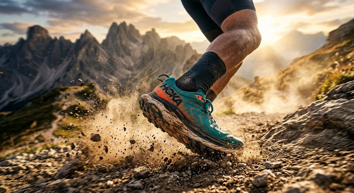 A close-up action shot of a HOKA Tecton X 4 trail shoe hitting a dusty mountain path with sharp lighting and motion blur.