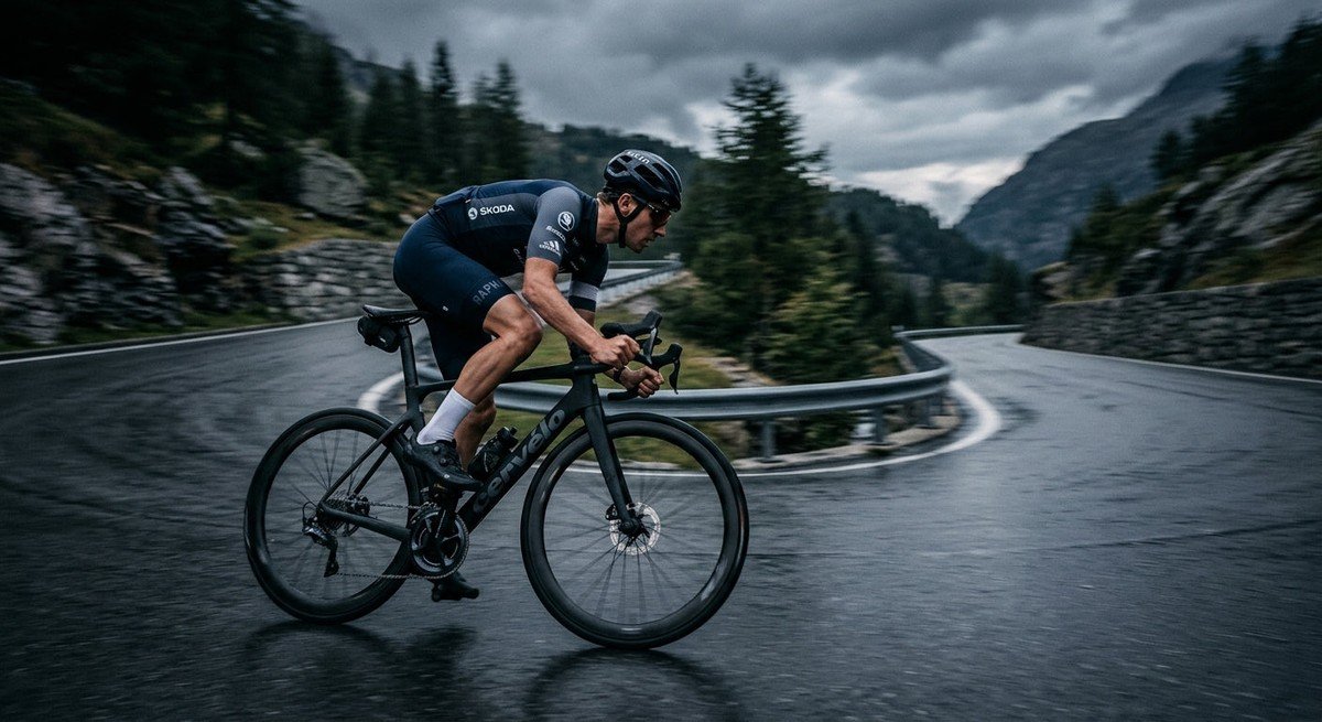 A professional cyclist in a tuck position, captured with motion blur and high-speed photography on a dramatic, moody road.