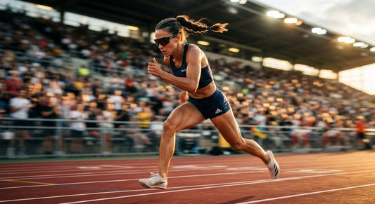 Professional athlete wearing Bollé Lightshifter sunglasses during a high-speed sprint in a stadium, featuring motion blur and dramatic lighting.