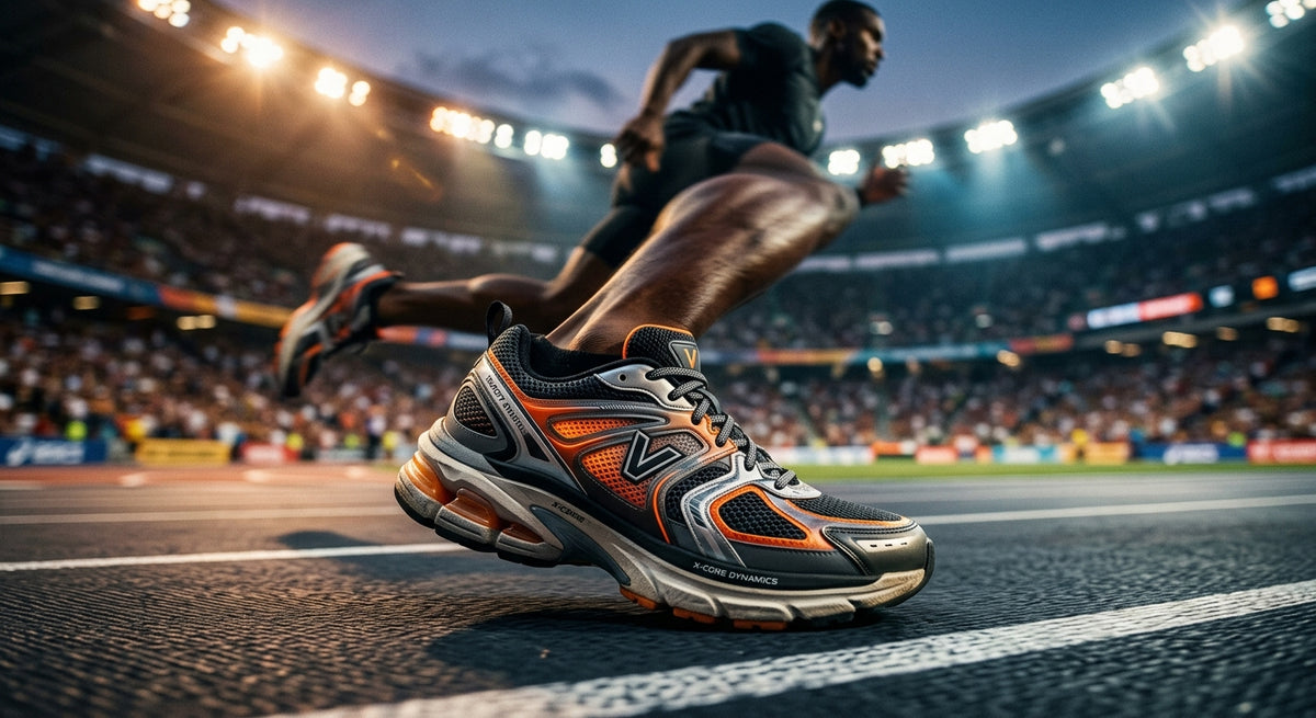 A sleek, high-performance athletic shoe featuring a deconstructed layered design with cinematic stadium lighting and motion blur.