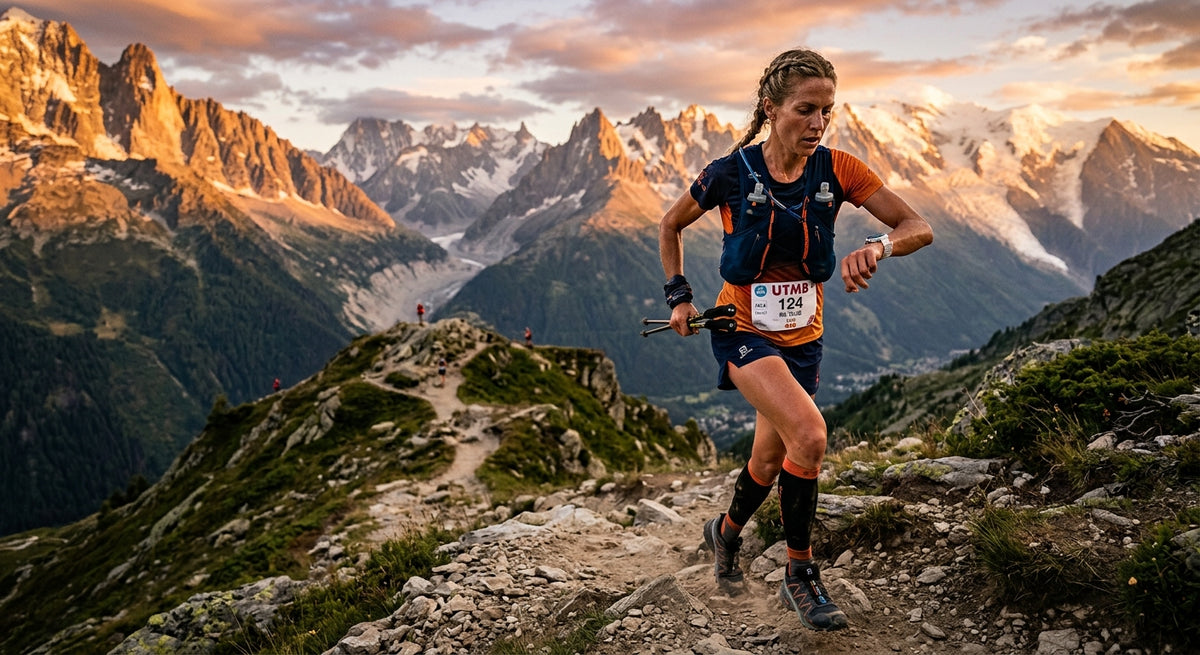 A professional ultra-marathon runner checking a high-tech GPS watch during a rugged mountain trail run at sunset with dramatic lighting.