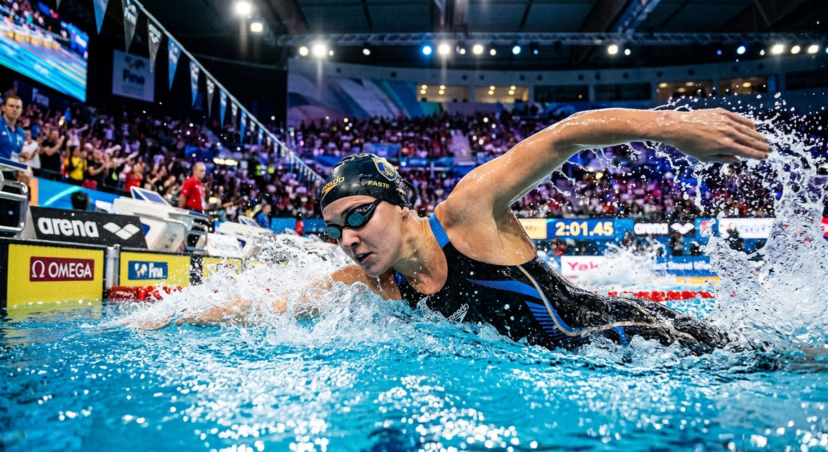A professional swimmer wearing sleek, low-profile racing goggles during a high-speed sprint in a brightly lit, cinematic stadium pool.