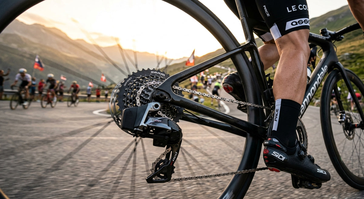 A close-up shot of a high-performance 13-speed rear derailleur shifting gears on a carbon fibre road bike during a sunset race.