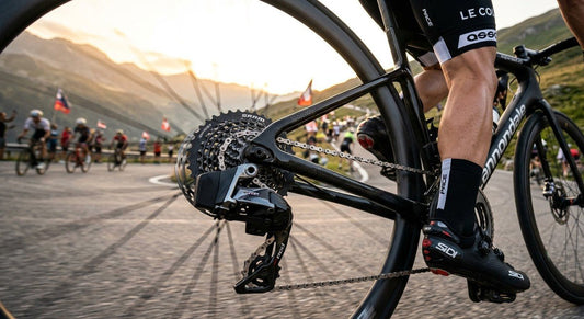 A close-up shot of a high-performance 13-speed rear derailleur shifting gears on a carbon fibre road bike during a sunset race.