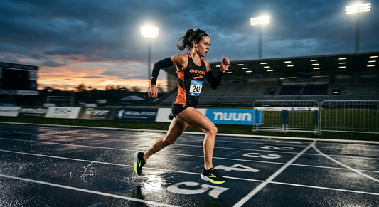 Professional marathon runner sprinting on a wet asphalt track at dawn with intense stadium lighting and motion blur.
