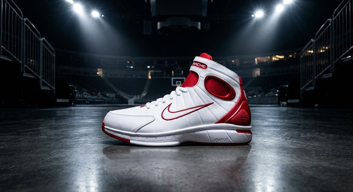 A side profile of the Nike Air Zoom Huarache 2K4 White Varsity Red on a polished concrete court with dramatic stadium spotlighting.
