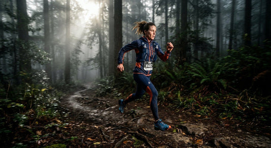 A trail runner sprinting through a misty forest with dramatic cinematic lighting and motion blur