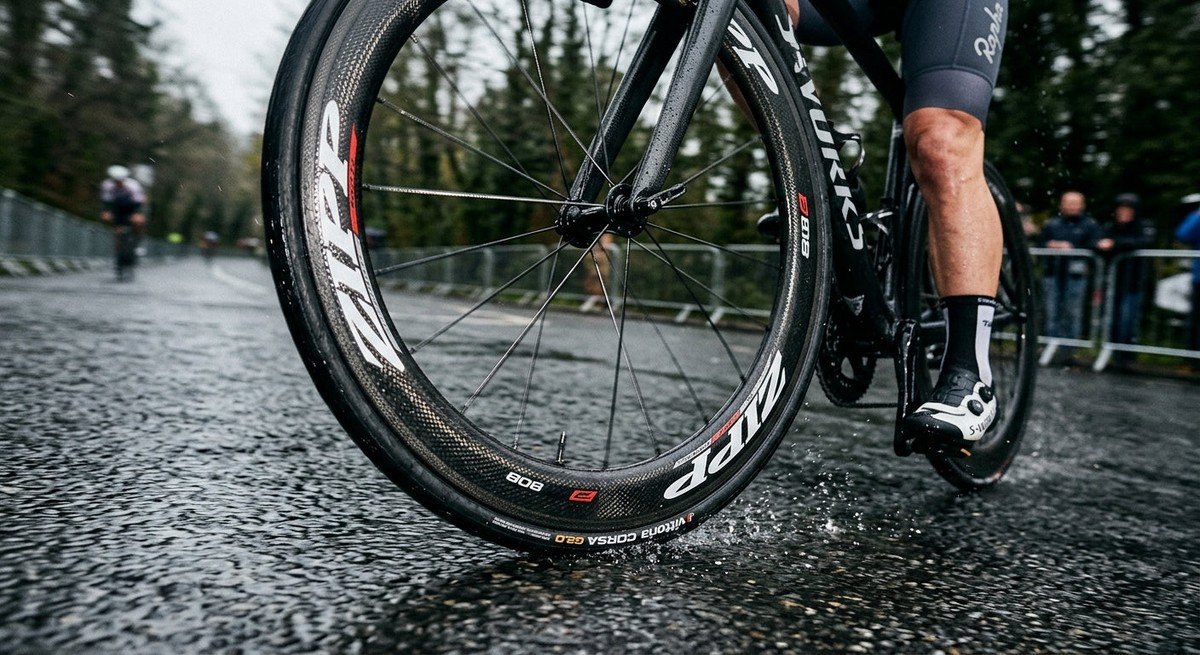 A close-up, high-speed action shot of a carbon fibre bike wheel rolling over a wet asphalt road, highlighting the sharp, seamless transition between the tyre and the rim sidewall.