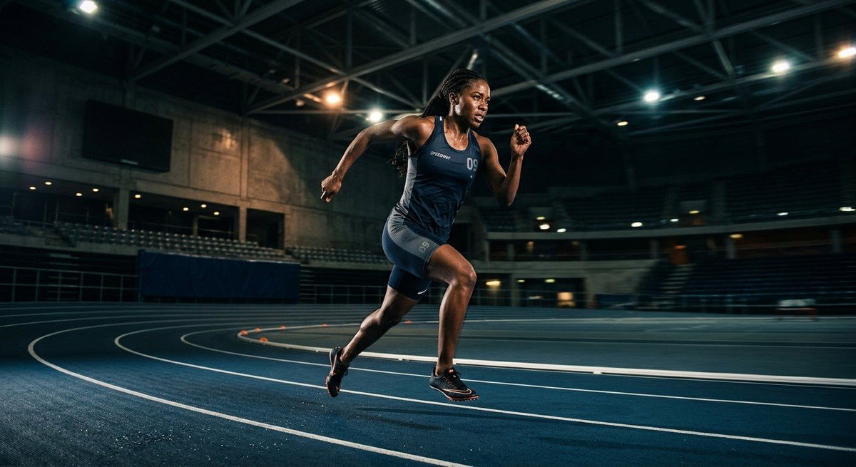 A professional athlete in sharp focus sprinting through a dimly lit indoor stadium with dramatic cinematic lighting and motion blur